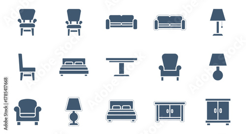 A collection of simple vector illustrations depicting furniture items. Includes chairs, sofas, beds, tables, lamps, and storage cabinets, all in a flat design style with a monochromatic color palette