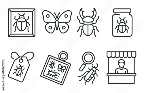 Insect collection icons on dark background with display cases and market stall