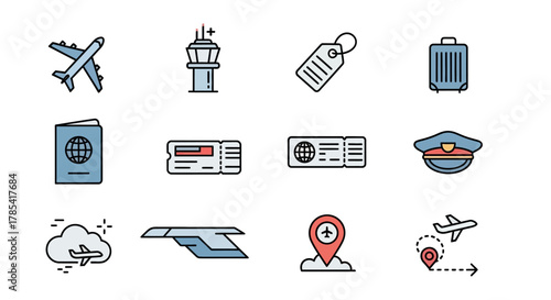 A set of colorful flat icons depicting air travel and related elements. Includes airplane, tower, tag, luggage, passport, tickets, cap, cloud, and location markers