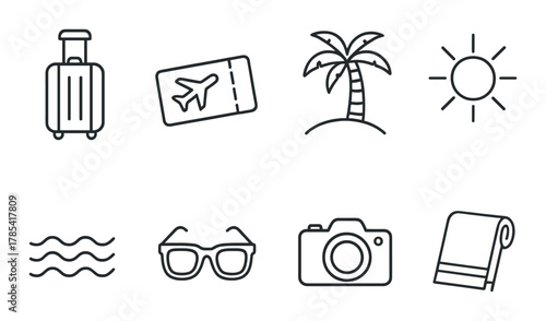 Travel icons: suitcase, ticket, palm, sun, waves, glasses, camera, towel