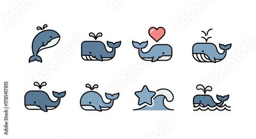 Eight cartoon whale icons in various poses and styles jumping, with heart, with waves. Each in a blue, black, and white color scheme. Simple illustrations for design purposes