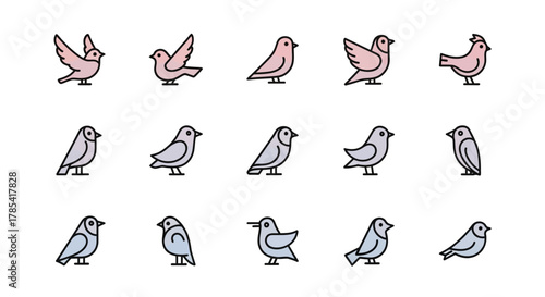 A collection of stylized bird icons, presented in rows, with varied poses and wing positions, and color gradients. Each bird has black outline