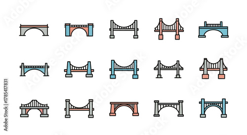 A collection of various bridge illustrations in a colorful, minimalist style with bold outlines. Each design is a unique representation of bridge architecture