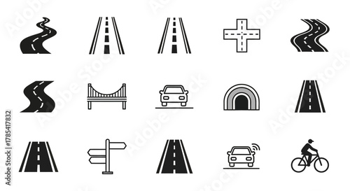Collection of various monochrome road-related icons, featuring straight and winding roads, bridge, car, tunnel, signpost, and bicyclist. They symbolize different aspects of travel