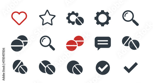 A collection of simple, flat-style icons in shades of gray, with a red accent. Includes shapes such as heart, star, cog, pill, checkmark, and magnifying glass. The icons suggest a health-related theme