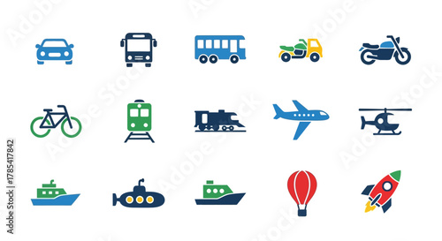 A collection of transportation icons in various colors, depicting cars, buses, trains, aircraft, and watercraft. Each icon isolated against a white background