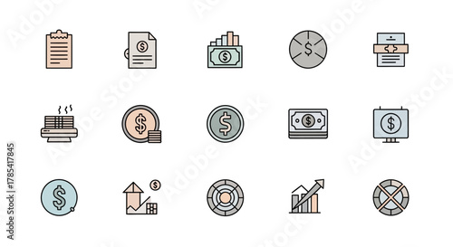 A collection of various icons related to finance, money, and investment, including charts, currency, documents, and reports. Flat design with soft colors