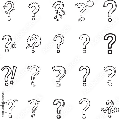 Question Mark doodle line art collection. Includes line art symbols question, doubt, help, faq, problem and more.  Question doodle set. Minimalist doodles pack.