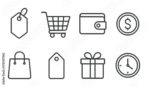 Minimalist icons: shopping cart, wallet, gift, and more on dark background