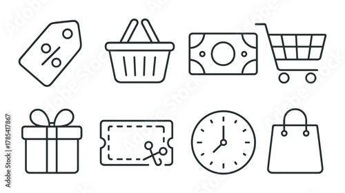 Monochrome shopping icons: basket, cart, tag, gift, ticket, clock, bag, money
