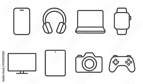 Outline of popular electronic gadgets on dark background