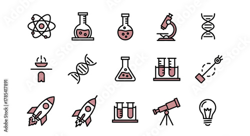 Collection of vector illustrations, depicting scientific elements and tools like atoms, flasks, microscopes, DNA strands, test tubes, rockets, and light bulbs, all in a flat, modern style