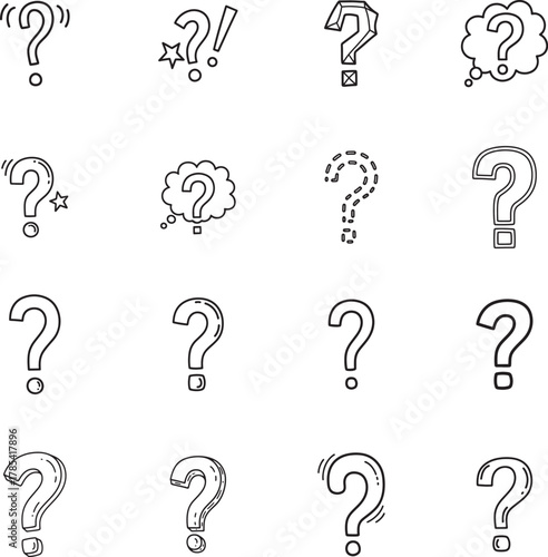 Question Mark doodle line art collection. Includes line art symbols question, doubt, help, faq, problem and more. Isolated doodles. Question doodle set. Minimalist doodles pack.