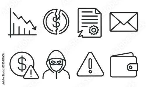 Financial risk and security icons: graphs, currency, documents, alerts, wallet