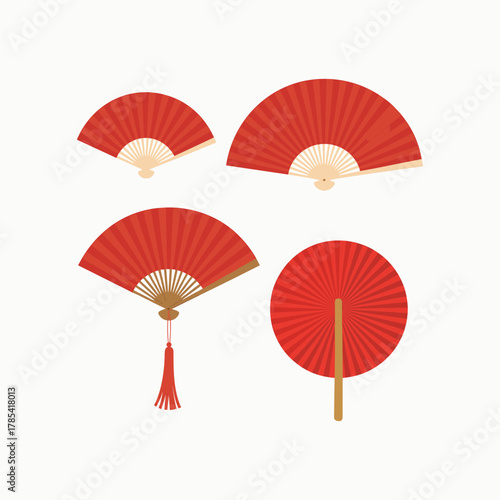 Four red paper fans with wooden handles and one with a red tassel on a white background red fan traditional fan.