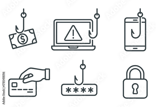 Cybersecurity icons highlighting phishing threats and data protection