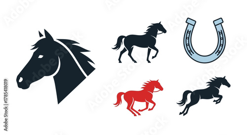 A collection of stylized horse-related graphics, including a head profile, various full-body silhouettes in motion, and a horseshoe. Different colors are used