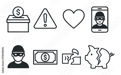 Financial security icons: money loss, theft, alert, heart, savings, smartphone, danger