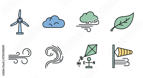 An image with multiple colored icons. A wind turbine, cloud, windy cloud, leaf, wind symbols, kite and windsock, all in a flat, outlined design