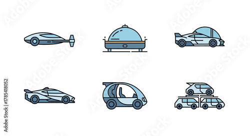 Illustrated set of six futuristic vehicles and a serving dome, depicting transportation of the future. The style is flat, with minimal detail and a cool color palette