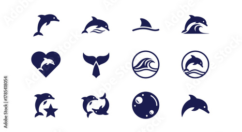 A collection of minimalist navy blue dolphin illustrations on a white background.  Various poses and abstract concepts are represented. Icons