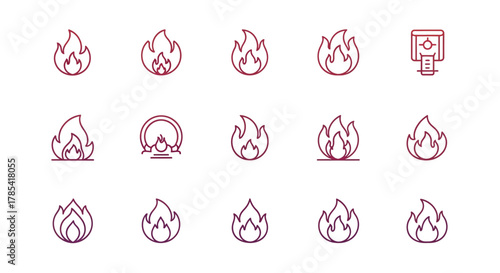 A series of outline illustrations depicting flames and a control panel. The flames vary in shape and style. The color gradient ranges from light to dark. All on a white background