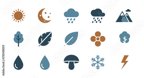 A collection of simple, stylized illustrations of natural elements and weather phenomena, including the sun, moon, clouds, mountains, leaves, and various symbols representing nature's components