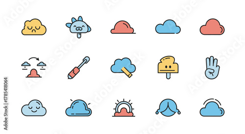 A colorful vector illustration featuring a grid of 15 unique, cartoonish icons against a white background. Icons depict clouds, hand gesture, a tool, and other symbolic designs, all with outlines