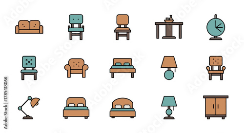 Stylized illustrations of home furnishings. Icons include a sofa, chairs, beds, tables, lamps, a clock, and a cabinet, presented in a simple, flat design with a warm color palette