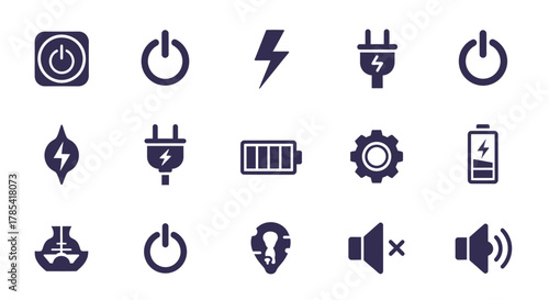 Collection of various tech icons with a focus on power, energy, settings, and sound. Includes power buttons, lightning bolts, plugs, battery symbols, and volume controls