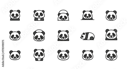 A collection of stylized, cartoon-like panda illustrations. The designs display various poses including faces, side views, and full-body renders. The pandas are black and white with thick outlines