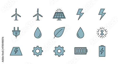 A collection of minimalist icons depicts clean energy sources. Includes windmills, solar panels, lightning, water drops, leaves, and battery symbols. Gear icons & a plug are also present