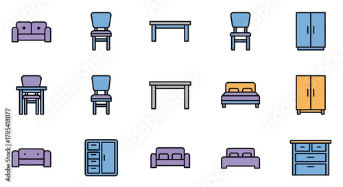 A collection of simple, colorful furniture icons, including sofas, chairs, tables, beds, and storage cabinets, all with a clean, vector-style design
