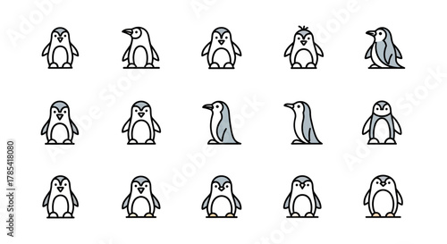 A collection of stylized illustrations depicting penguins in various poses and angles, utilizing a simple color palette and outlined design. Features diverse expressions