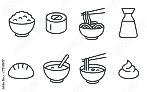 Collection of asian food icons featuring rice, sushi, noodles, and soy sauce