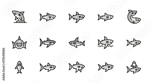 A collection of stylized, cartoon-like illustrations of sharks in various poses and expressions. Each shark has a gray body with black outlines. Some are in motion, others more static