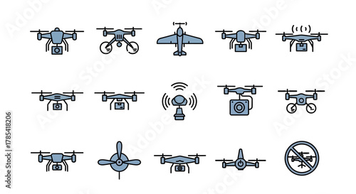 A set of colorful flat-style drone illustrations. Various configurations and representations of drones, a propeller, and a no-fly zone sign