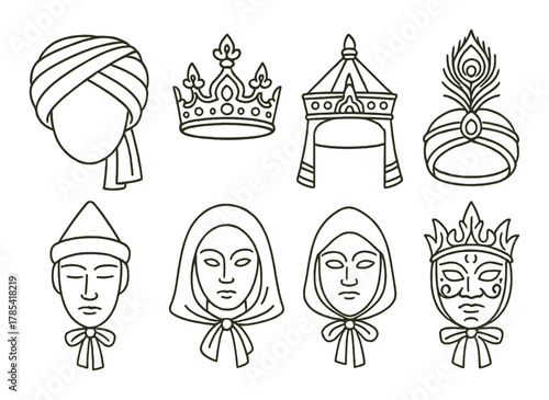 Cultural headwear and masks: turbans, crowns, hoods, and traditional designs