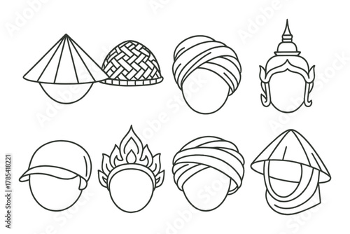 Cultural headwear icons: traditional hats from asia in minimalist style