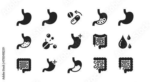A set of medical icons showcasing the digestive system. Illustrations include stomachs, intestines, pills, drops, and signs indicating health or illness.  The style is minimalist and clean