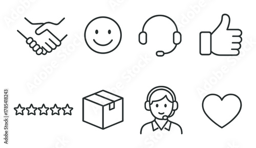 Customer service icons: communication, feedback, delivery, support, emotions