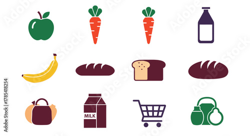 A collection of stylized, colorful food icons. Apple, carrot, bottle, banana, loafs of bread, milk carton, shopping cart, and a group of containers are present. Simple and clean design