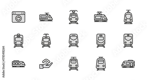 Collection of vector icons, featuring a variety of train designs, a washing machine, and a hand with a wireless signal symbol. Each icon is outlined in black, with a grey fill