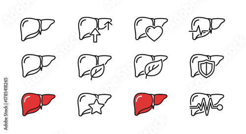 A collection of stylized liver illustrations, some with visual metaphors like arrows, hearts, leaves, shields, and waveforms. The designs feature both outline and colored versions for a graphic appeal