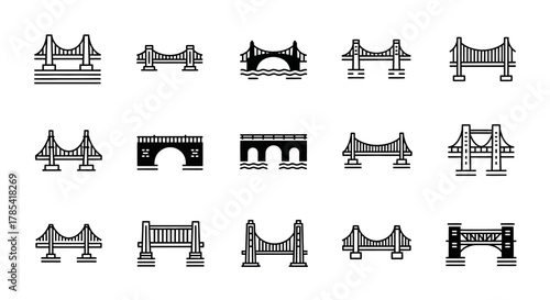 A set of 15 black and white bridge icons, presented in a grid. Each icon showcases different designs, using bold lines and varying shapes. The designs include arch, suspension, and beam bridges