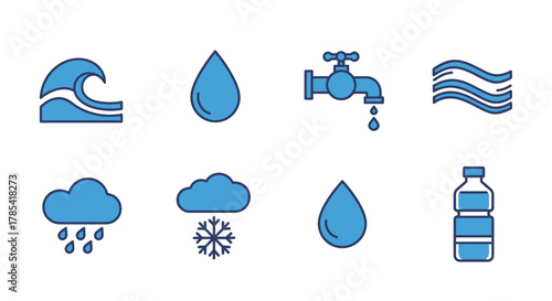 Simple blue line icons representing water in various forms wave, drop, tap, water lines, rain, snow, another drop, and a bottle.  The design is clean and illustrative