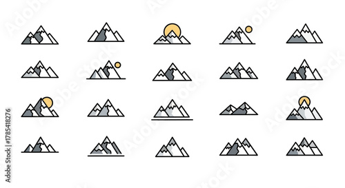 Collection of stylized mountain illustrations in a flat design style, featuring various mountain shapes, shading and a sun icon in some