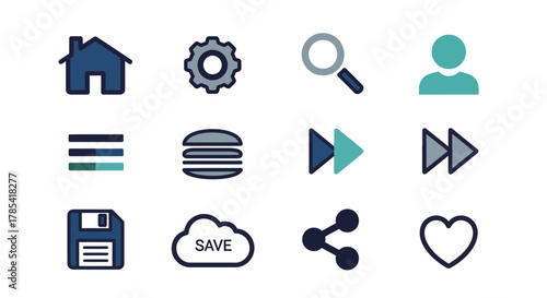 Collection of vector icons, including a house, settings gear, magnifying glass, user, menu, burger, fast forward, save cloud, share, floppy disk, and a heart, all in a flat design