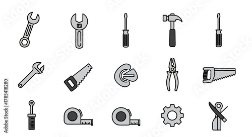 A collection of simple, illustrated repair tools, in a flat design style, including wrenches, screwdrivers, saws, pliers, and more. All tools are in shades of gray