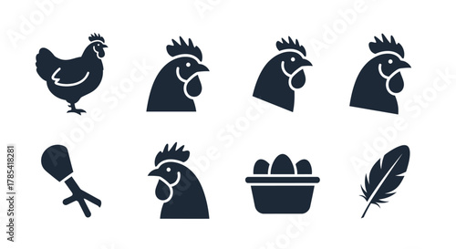A collection of stylized chicken-related icons, featuring a full hen, head profiles, a drumstick, eggs in a basket, and a feather, all depicted in a simplified, graphic style